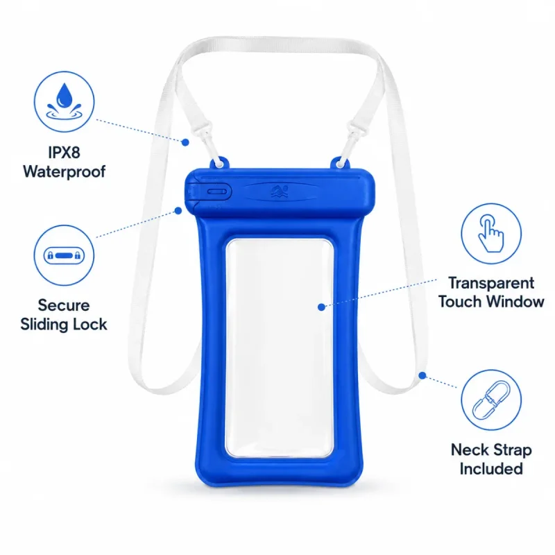 Blue IPX8 waterproof phone pouch with transparent touch window, secure sliding lock, and white neck strap, shown with feature callouts.