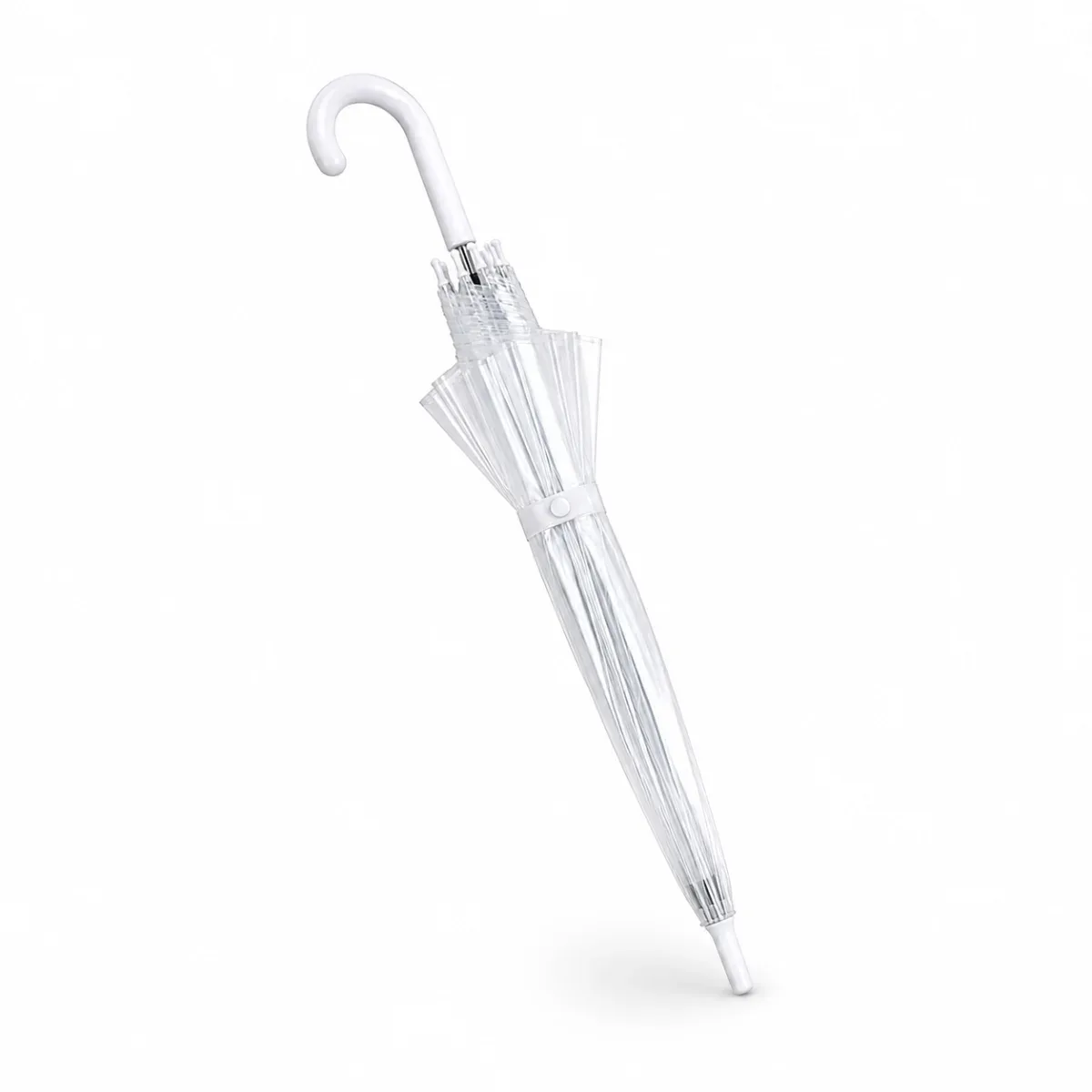 A transparent clear umbrella with a white curved hook handle, closed and standing upright against a white background.