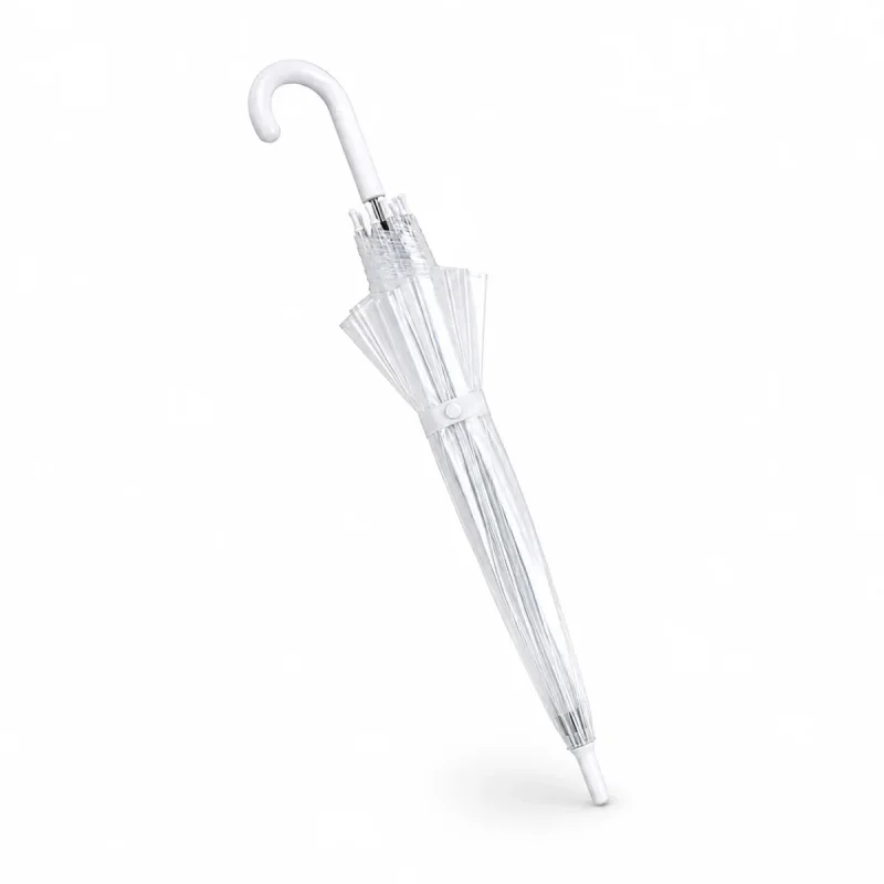 A transparent clear umbrella with a white curved hook handle, closed and standing upright against a white background.
