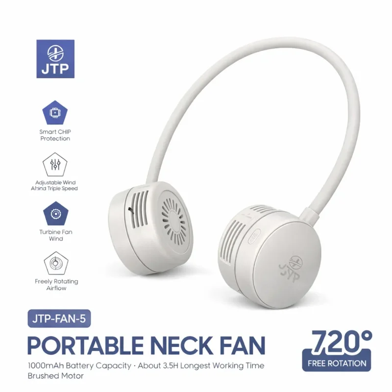 White JTP Portable Neck Fan with 1000mAh battery, adjustable triple speed, and 720 degree free rotation