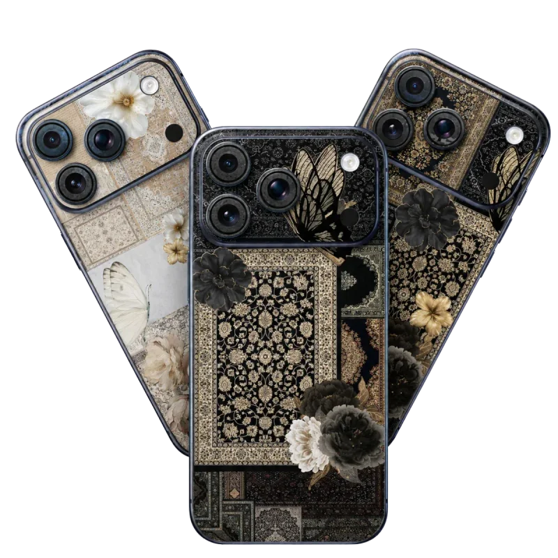 Three luxury phone cases with intricate carpet patterns, floral motifs, and butterfly designs, showcasing elegant protection for smartphones.